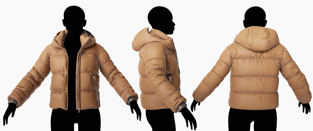 Wireframe preview of female puffer jacket 3D models for photorealistic rendering